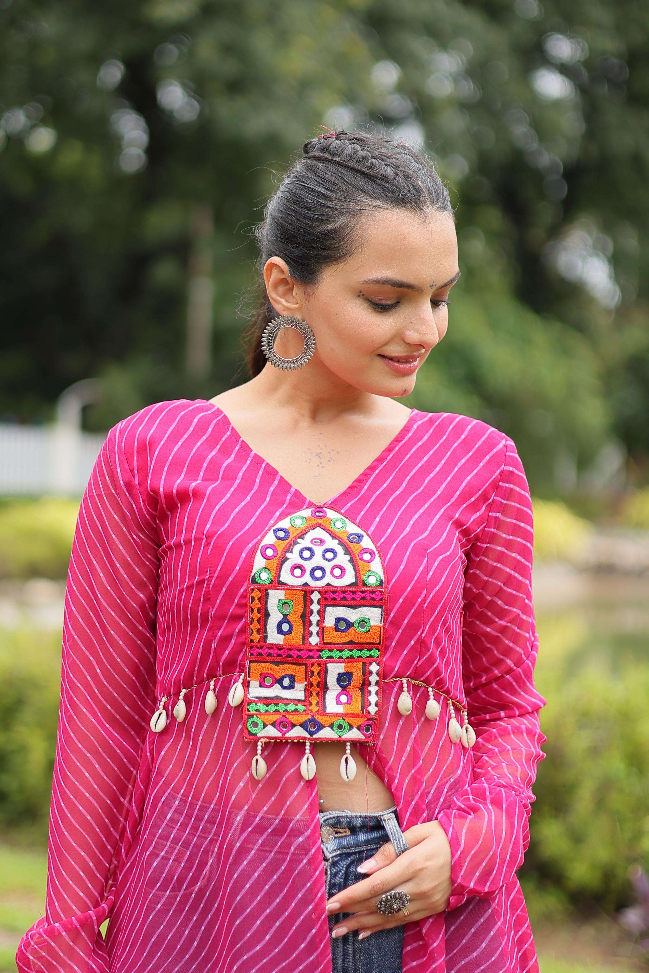  Leheriya Print work with kutchi patchework in Faux Georgette KURTI SUPPLIER IN SURAT